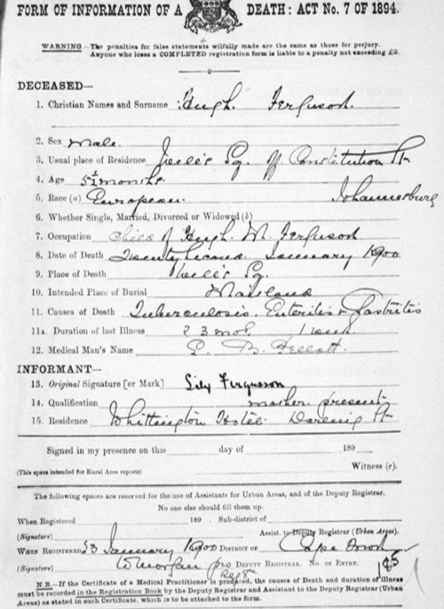South Africa 1900 death certificate